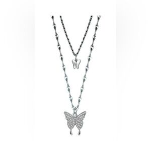 Sterling 925 Silver Butterfly Pendant Double Chains Necklace